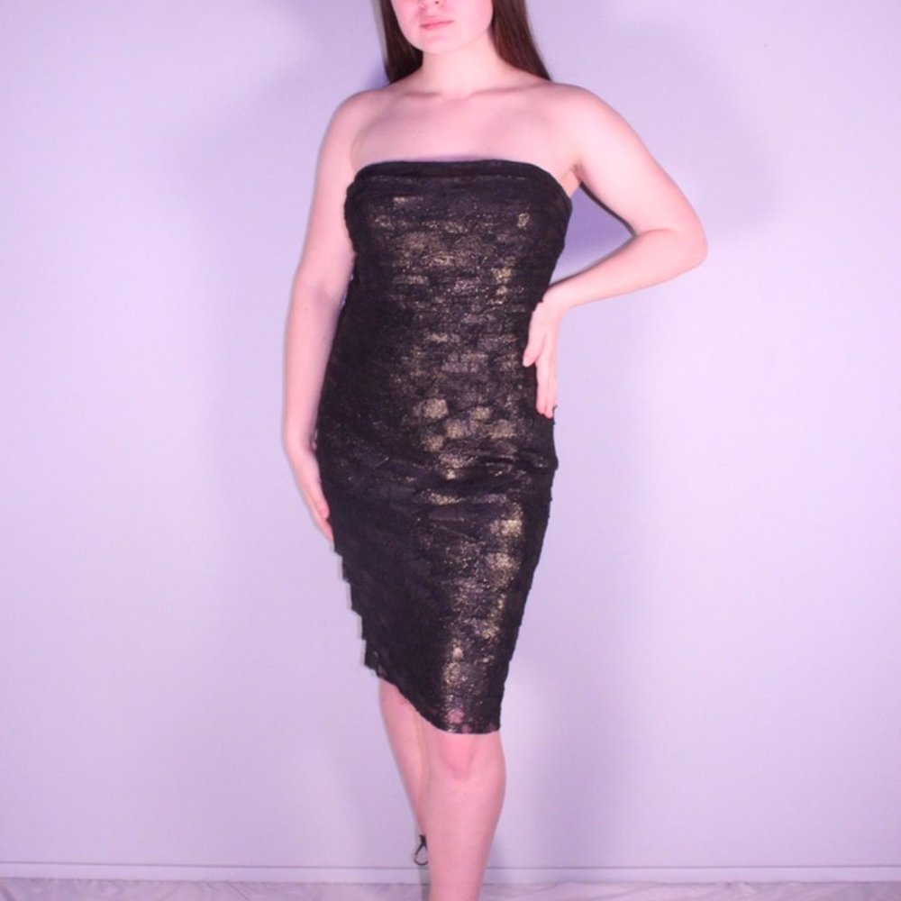 Black & Gold Ruffled Cocktail Dress - Picture 2 of 6